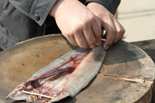 用竹签将腌咸的鲅鱼穿起来，使鱼体平整。摄影者：孙文东.JPG